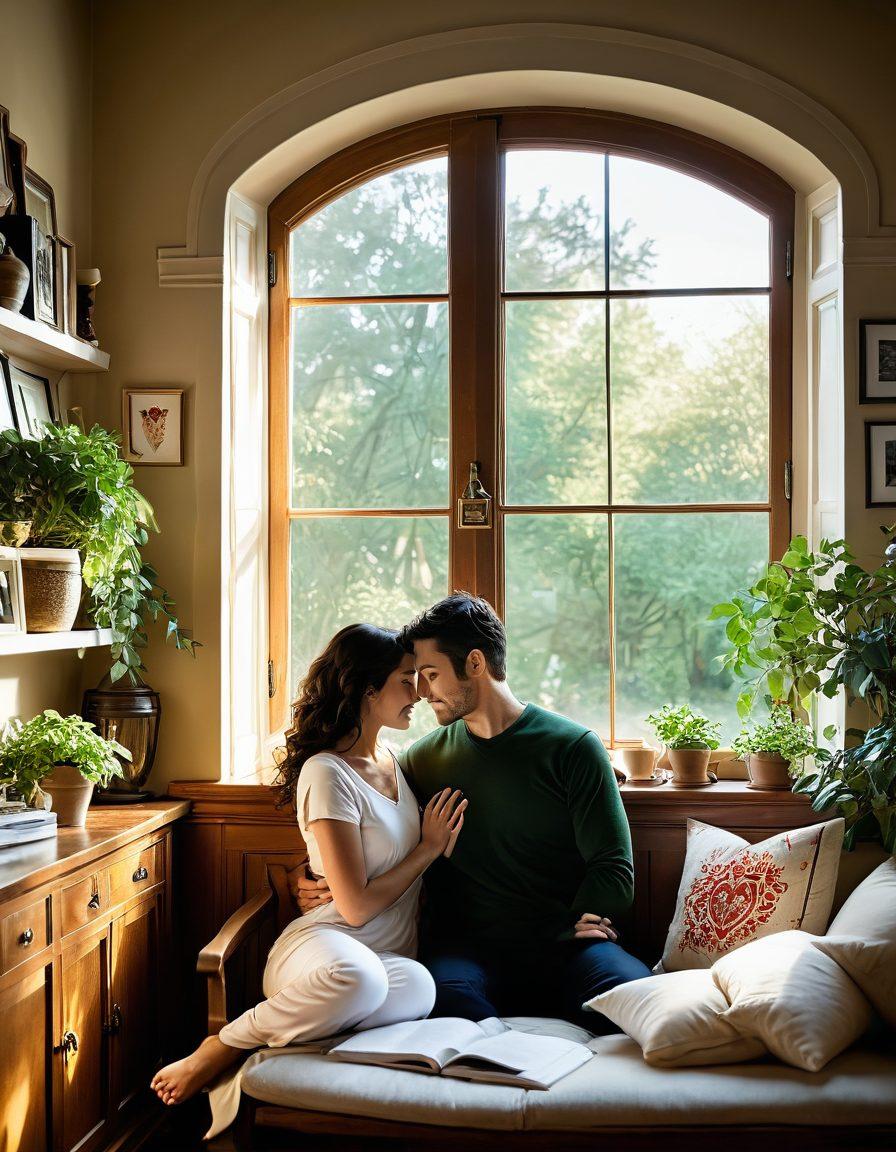 A serene couple embracing in a cozy home setting, surrounded by symbols of life and health insurance like shields and hearts. In the background, a warm light shines through a window, signifying hope and security. Elements like family photos and plants symbolize growth and stability. The overall feeling should portray comfort and protection. super-realistic. warm colors. soft focus.