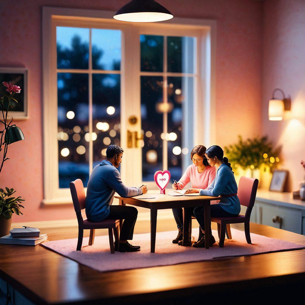 A warm, inviting scene featuring a couple sitting together at a table, examining an insurance policy alongside a heart-shaped lock symbolizing love. In the background, soft bokeh lighting represents security and warmth, while small illustrations of home, car, and health insurance icons float gently around them. The color palette should evoke feelings of love and trust, with soft pinks and deep blues. A harmonious blend of romance and financial planning. vibrant colors. super-realistic.